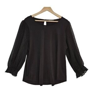 Adrianna Papell Sheer Mesh Dot Sleeve Blouse L Black Ruffle Dressy Goth
